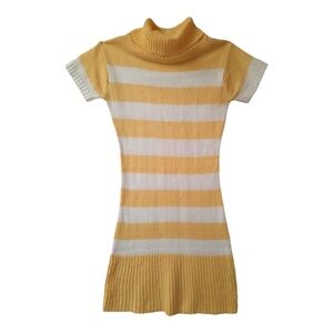 Knit sweater midi dress tunic neck short sleeve bodycon yellow white stripe